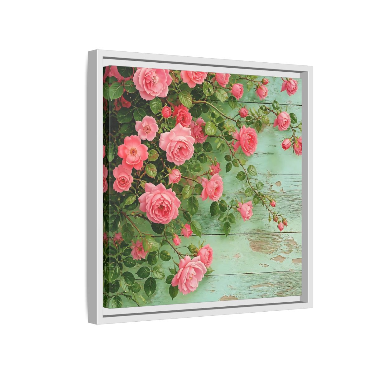 Side Mockup 13. Floral Pink Roses Pink And Green Roses shown as stretched canvas wall art