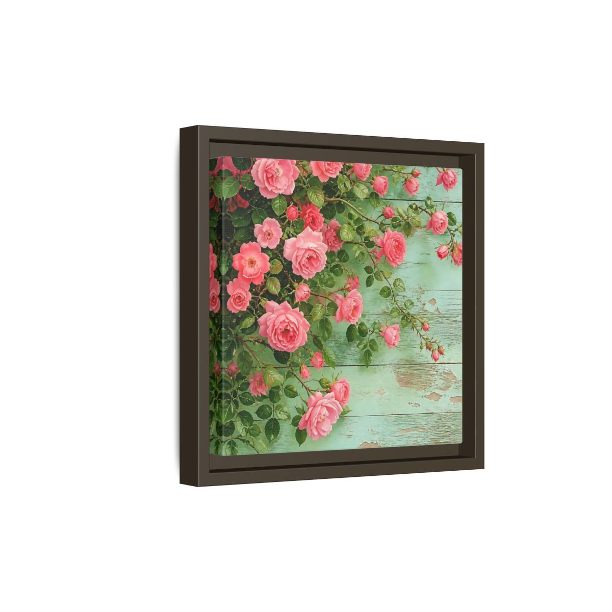 Side Mockup 20. Floral Pink Roses Pink And Green Roses shown as stretched canvas wall art
