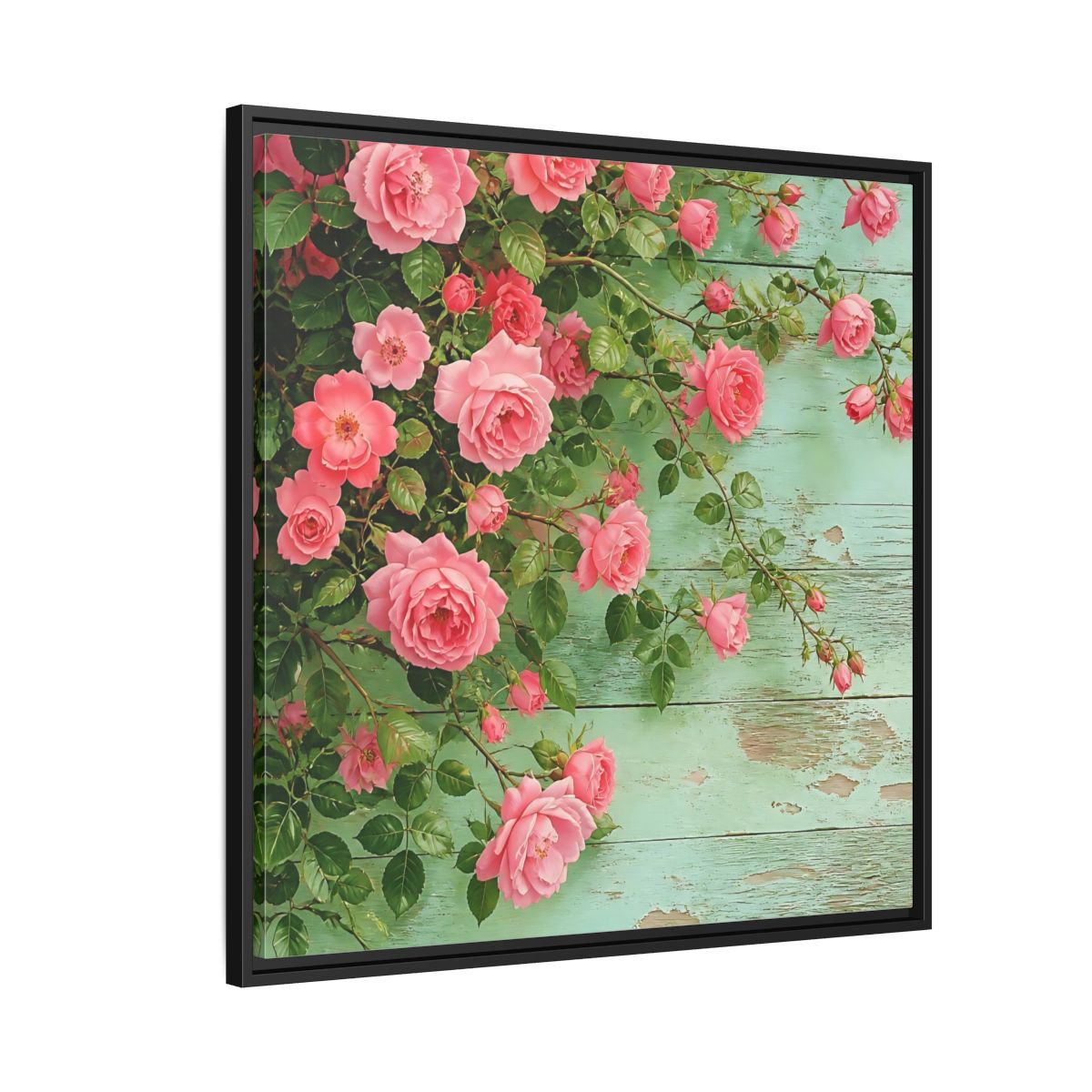 Side Mockup 9. Floral Pink Roses Pink And Green Roses shown as stretched canvas wall art