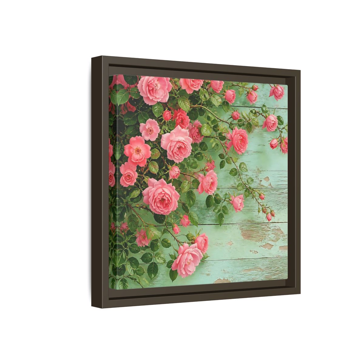 Side Mockup 17. Floral Pink Roses Pink And Green Roses shown as stretched canvas wall art
