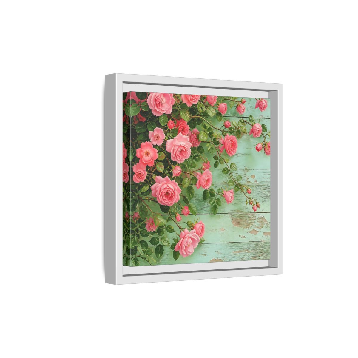 Side Mockup 19. Floral Pink Roses Pink And Green Roses shown as stretched canvas wall art