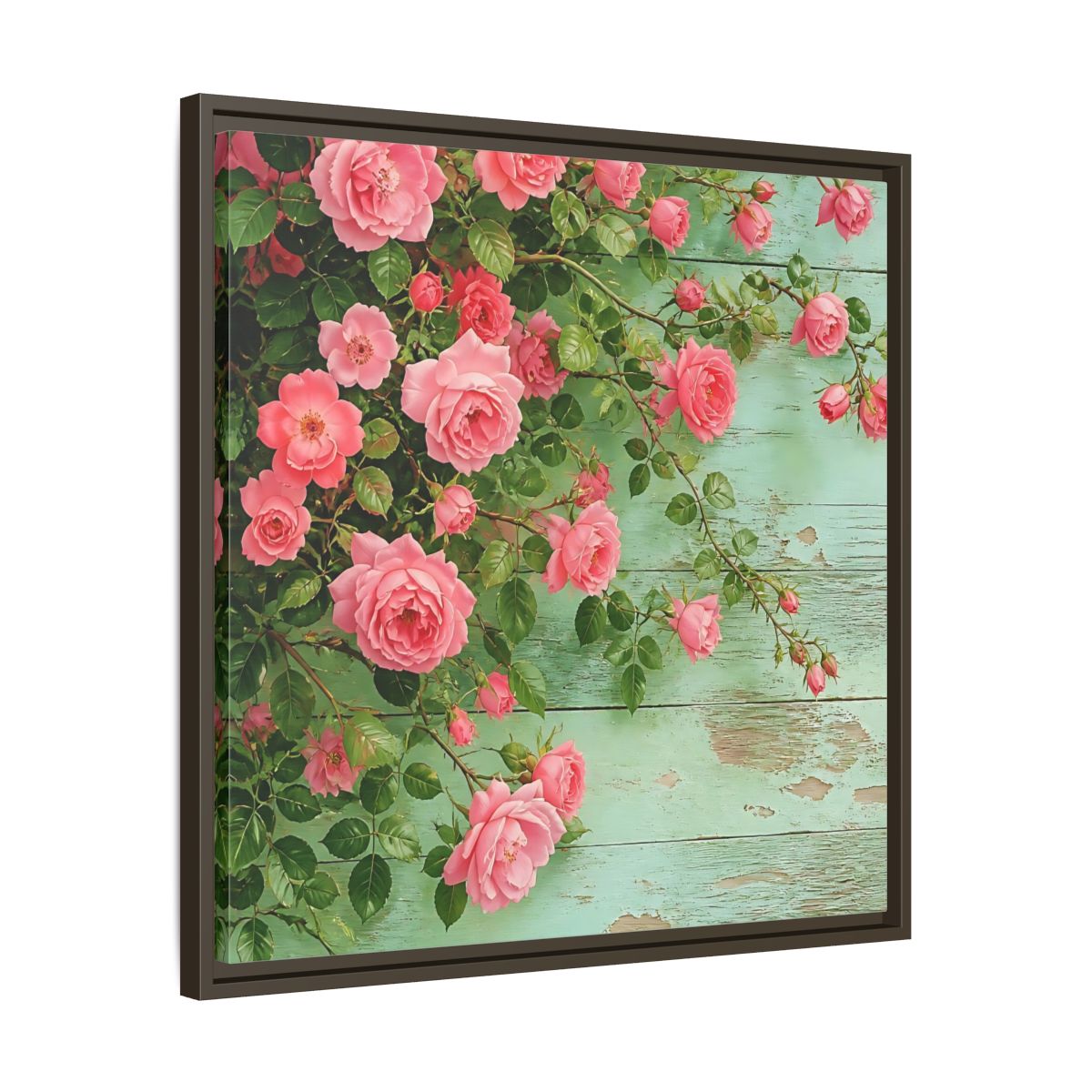 Side Mockup 27. Floral Pink Roses Pink And Green Roses shown as stretched canvas wall art