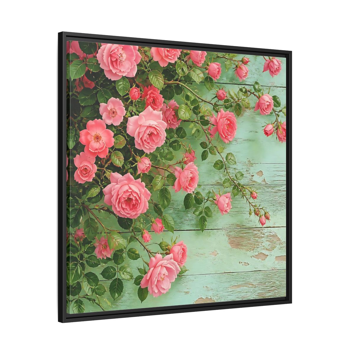 Side Mockup 30. Floral Pink Roses Pink And Green Roses shown as stretched canvas wall art