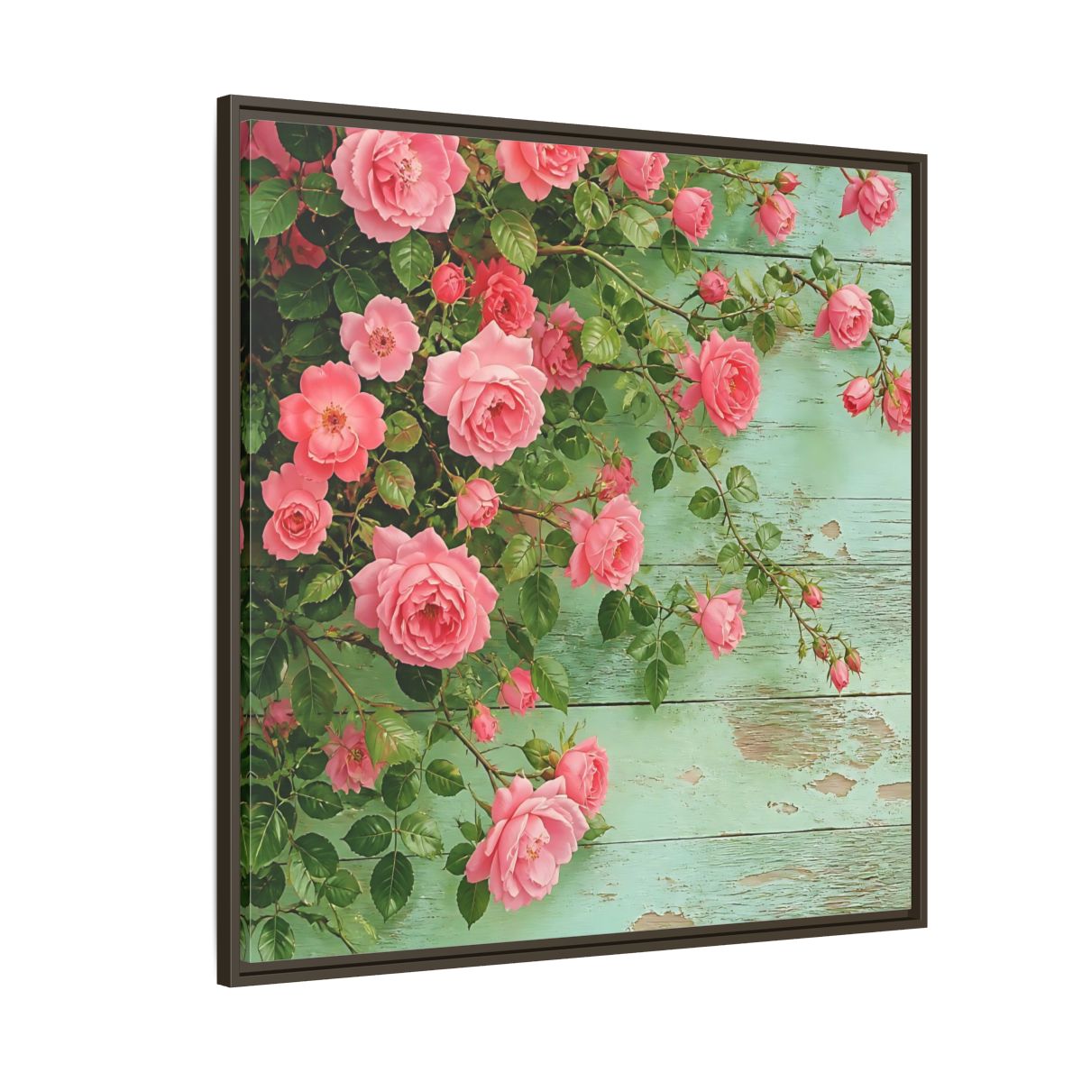 Side Mockup 5. Floral Pink Roses Pink And Green Roses shown as stretched canvas wall art