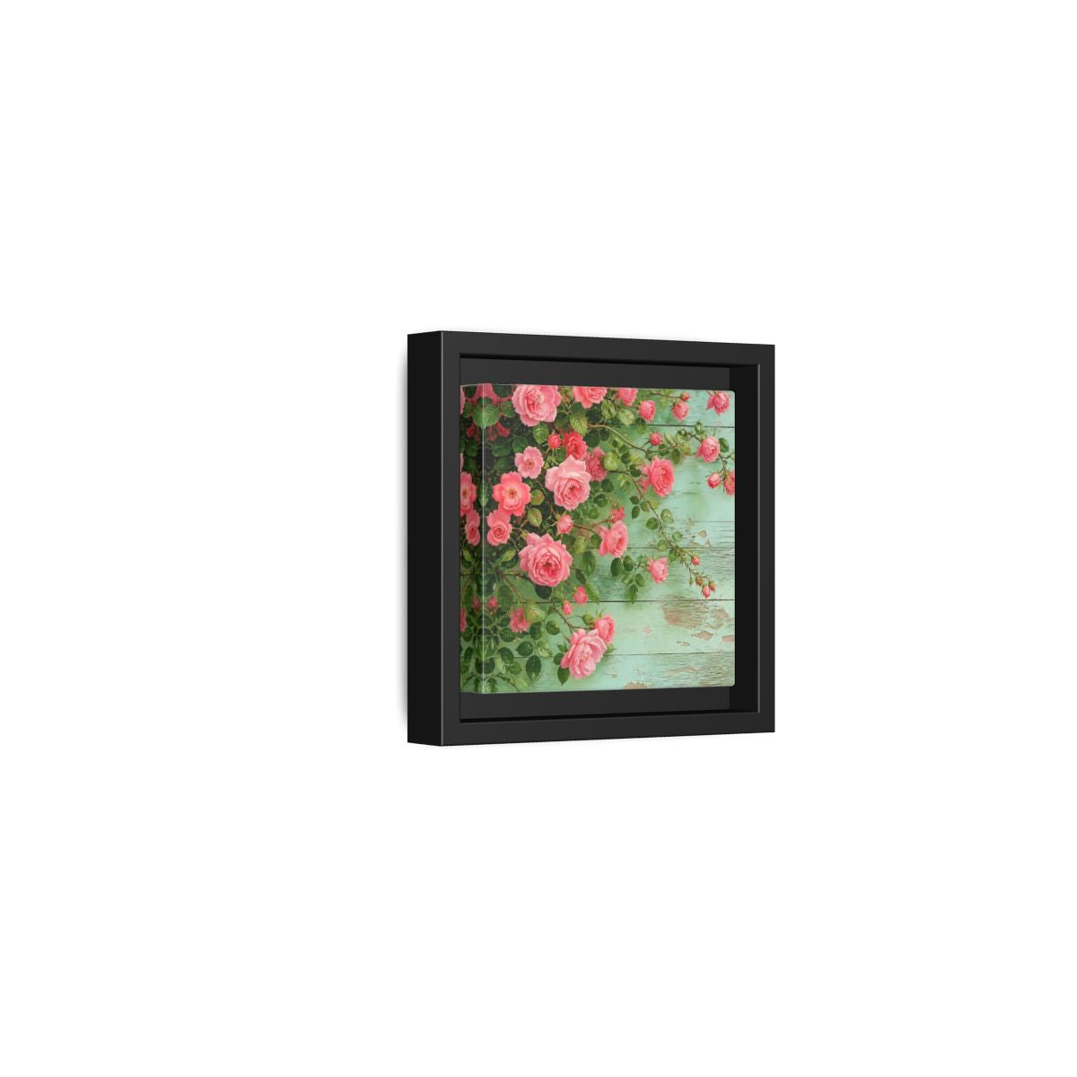 Side Mockup 24. Floral Pink Roses Pink And Green Roses shown as stretched canvas wall art