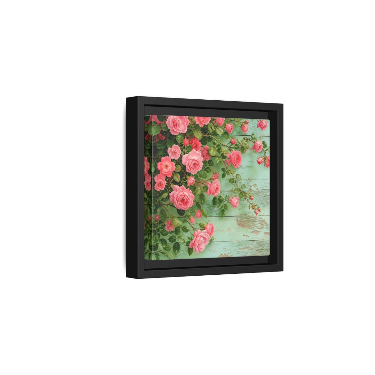 Side Mockup 3. Floral Pink Roses Pink And Green Roses shown as stretched canvas wall art