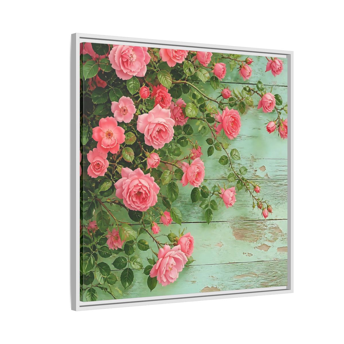 Side Mockup 7. Floral Pink Roses Pink And Green Roses shown as stretched canvas wall art