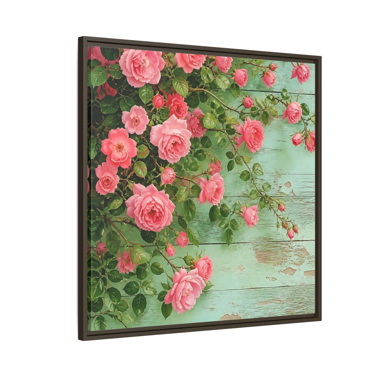 Side Mockup 8. Floral Pink Roses Pink And Green Roses shown as stretched canvas wall art