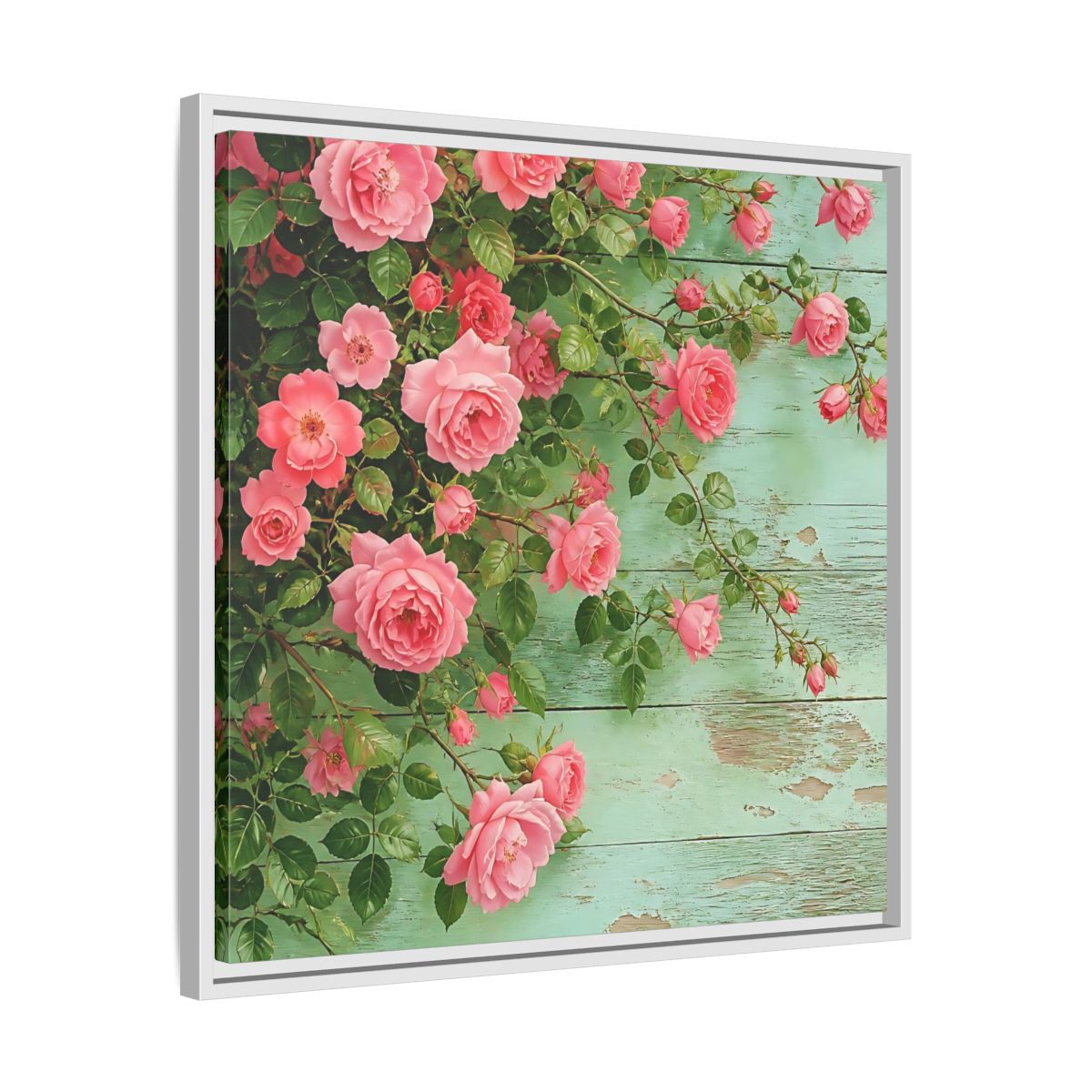 Side Mockup 26. Floral Pink Roses Pink And Green Roses shown as stretched canvas wall art
