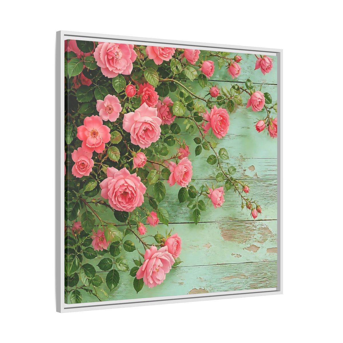 Side Mockup 25. Floral Pink Roses Pink And Green Roses shown as stretched canvas wall art