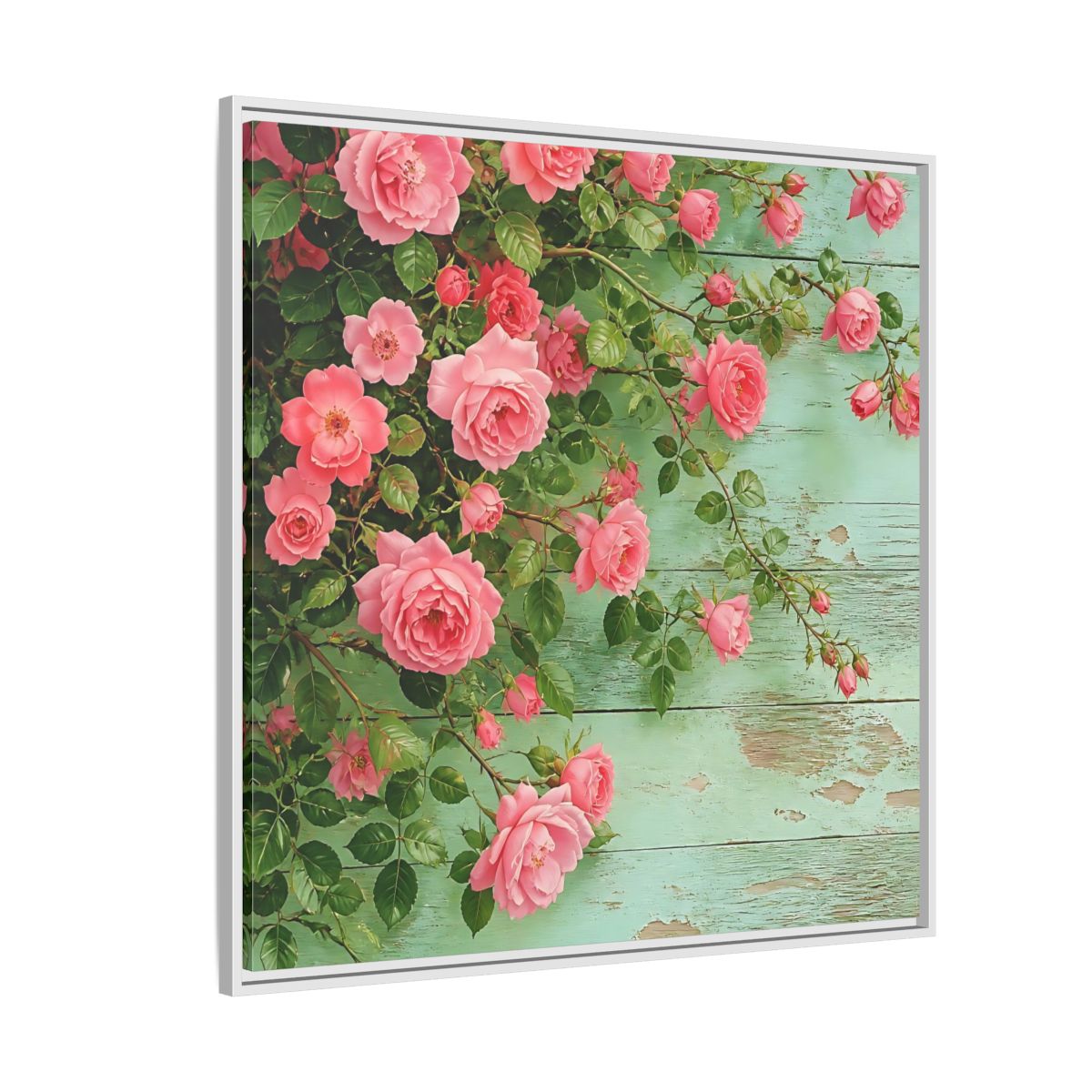 Side Mockup 4. Floral Pink Roses Pink And Green Roses shown as stretched canvas wall art