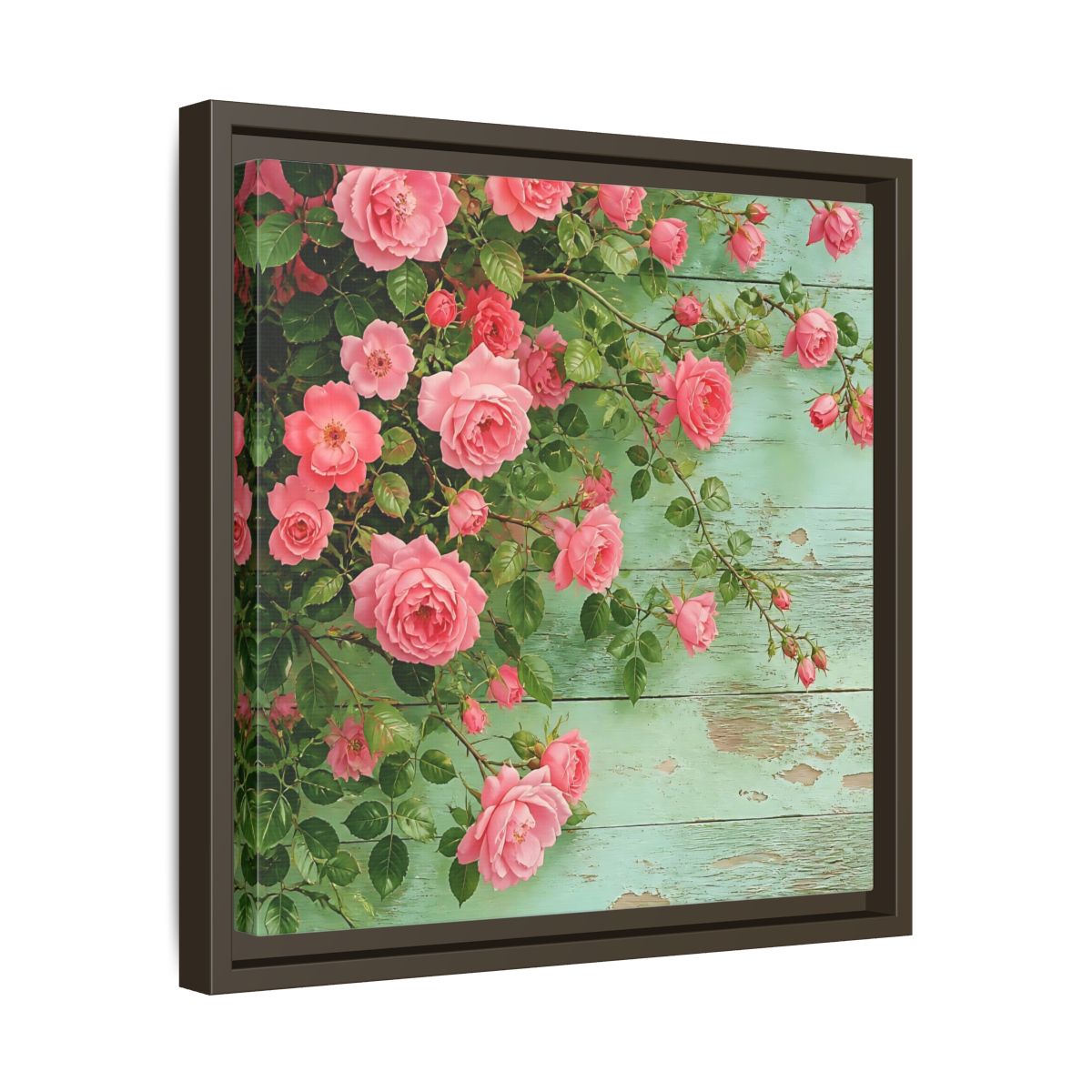 Side Mockup 29. Floral Pink Roses Pink And Green Roses shown as stretched canvas wall art