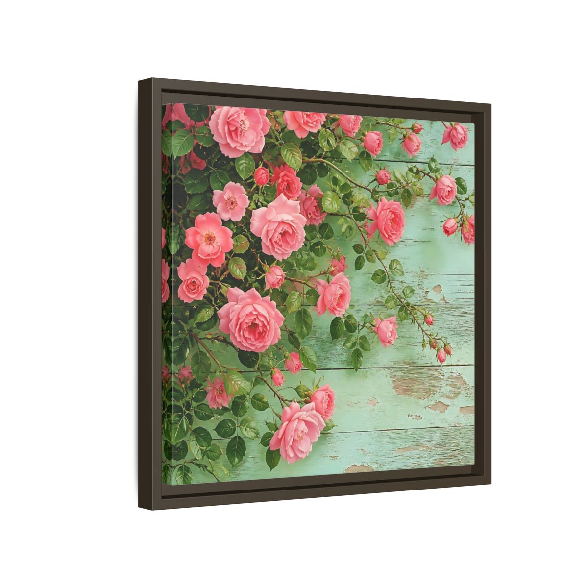 Side Mockup 14. Floral Pink Roses Pink And Green Roses shown as stretched canvas wall art