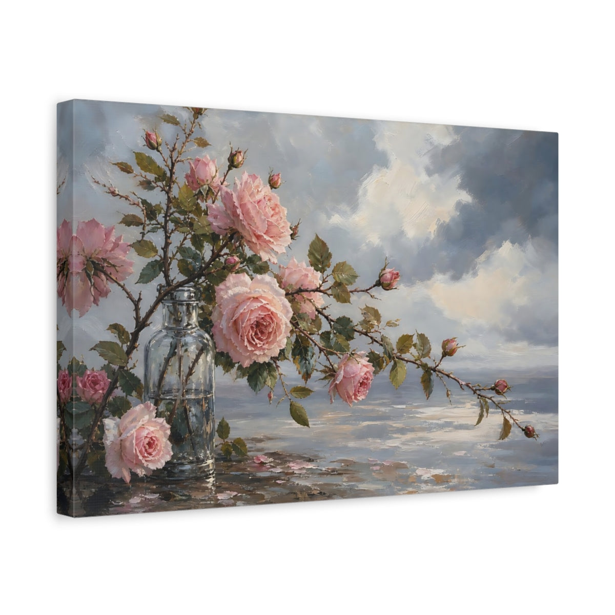 Side Mockup 4. Floral Pink Roses Pink Roses Blue shown as stretched canvas wall art