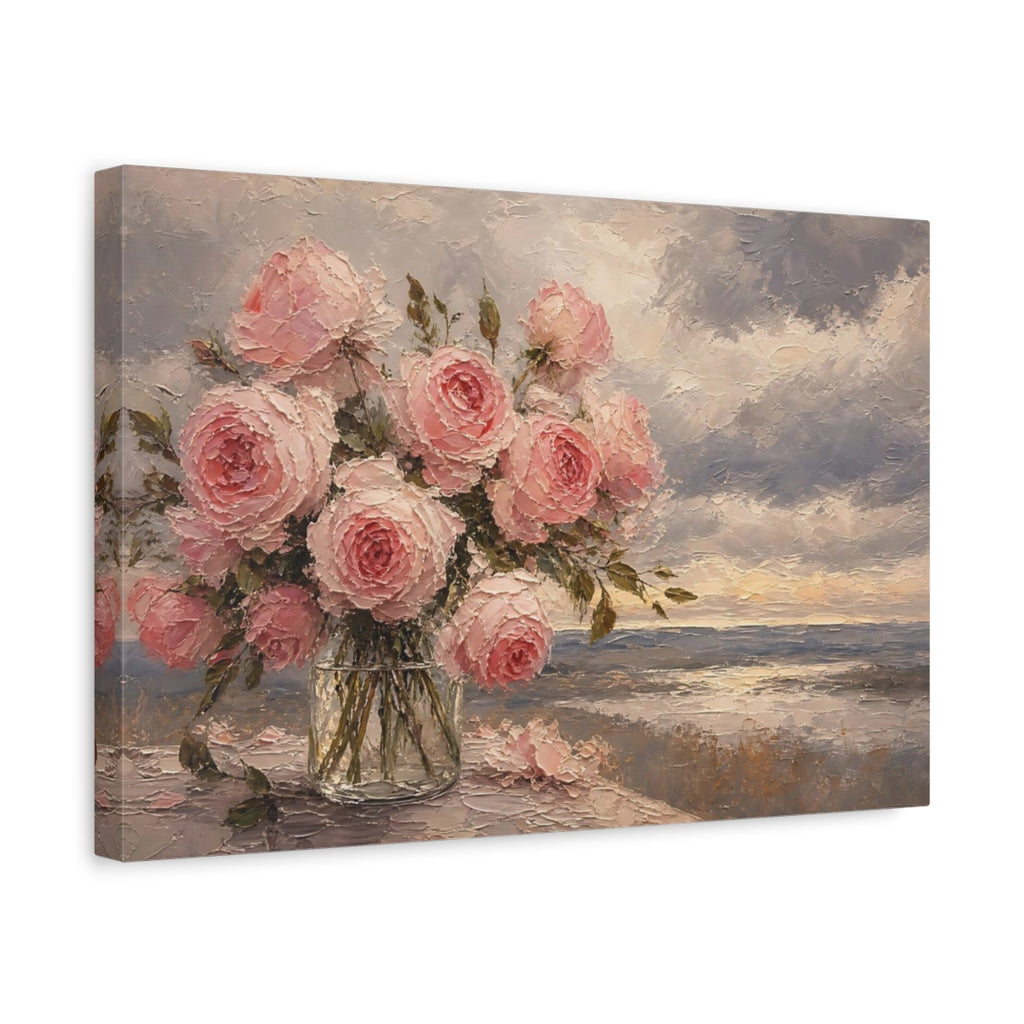Side Mockup 4. Floral Pink Roses Pink Roses shown as stretched canvas wall art