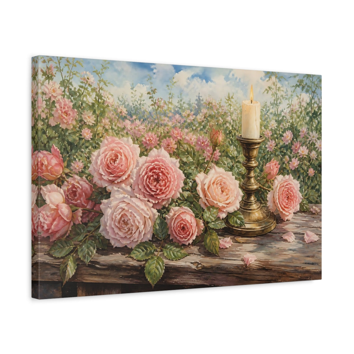 Side Mockup 3. Floral Pink Roses Pink Roses shown as stretched canvas wall art