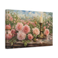 Side Mockup 4. Floral Pink Roses Pink Roses shown as stretched canvas wall art