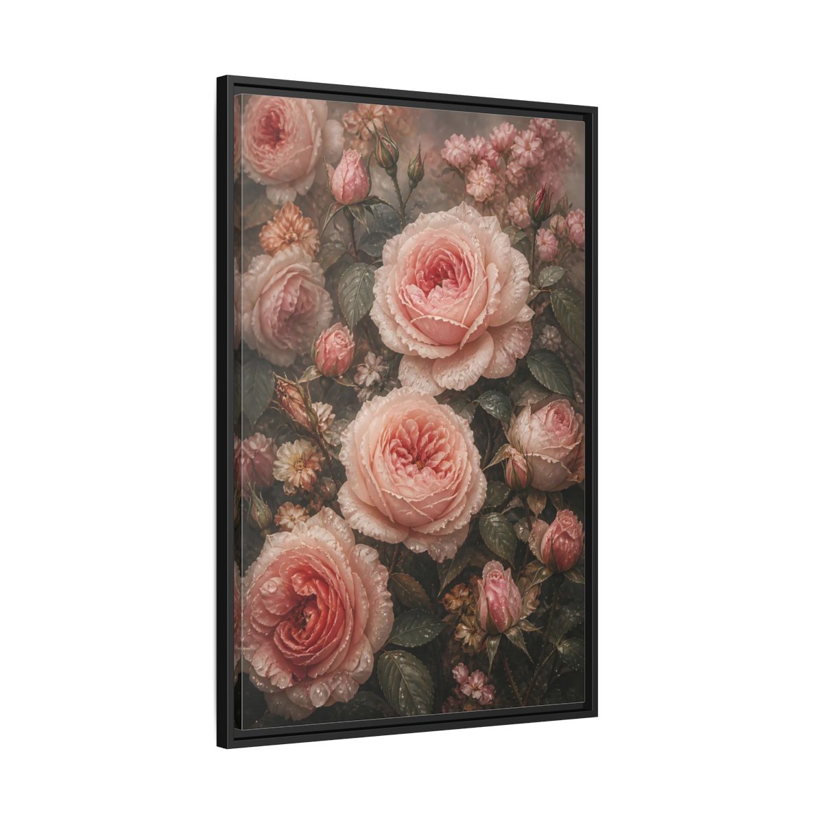 Side Mockup 13. Floral Pink Roses Pink Roses shown as stretched canvas wall art