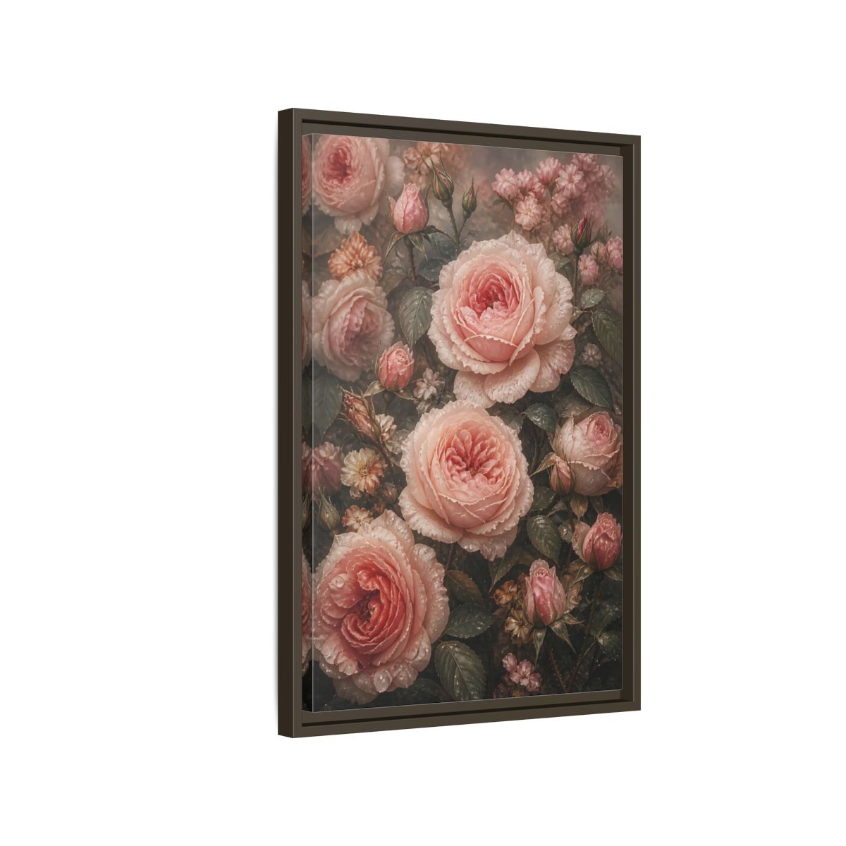Side Mockup 2. Floral Pink Roses Pink Roses shown as stretched canvas wall art