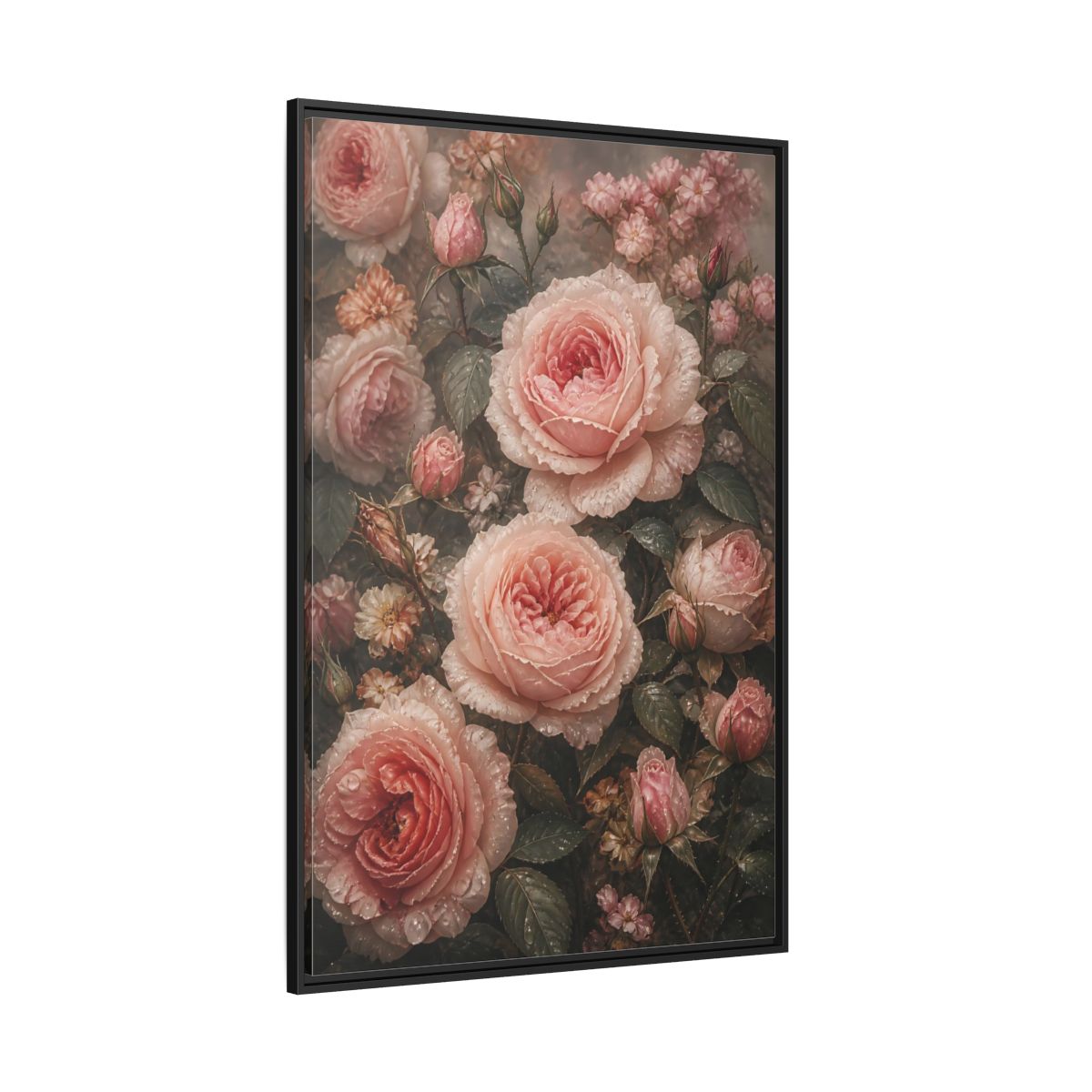 Side Mockup 12. Floral Pink Roses Pink Roses shown as stretched canvas wall art