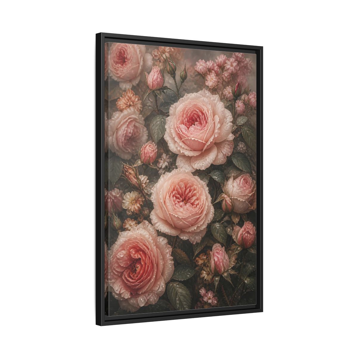Side Mockup 14. Floral Pink Roses Pink Roses shown as stretched canvas wall art