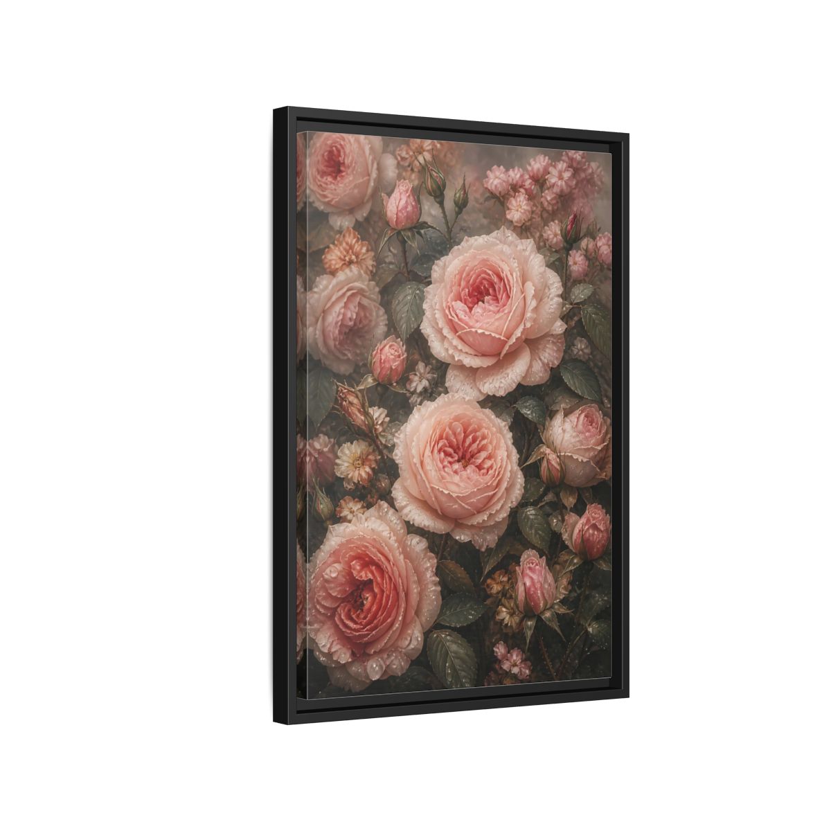 Side Mockup 3. Floral Pink Roses Pink Roses shown as stretched canvas wall art