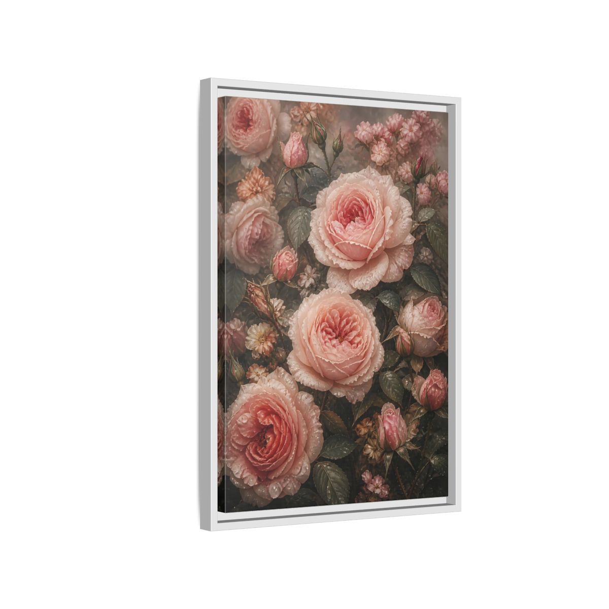 Side Mockup 1. Floral Pink Roses Pink Roses shown as stretched canvas wall art