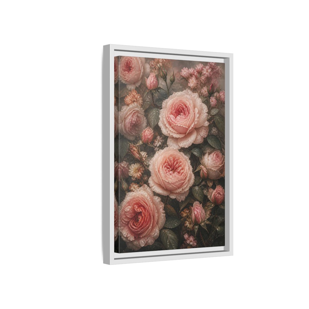 Side Mockup 4. Floral Pink Roses Pink Roses shown as stretched canvas wall art