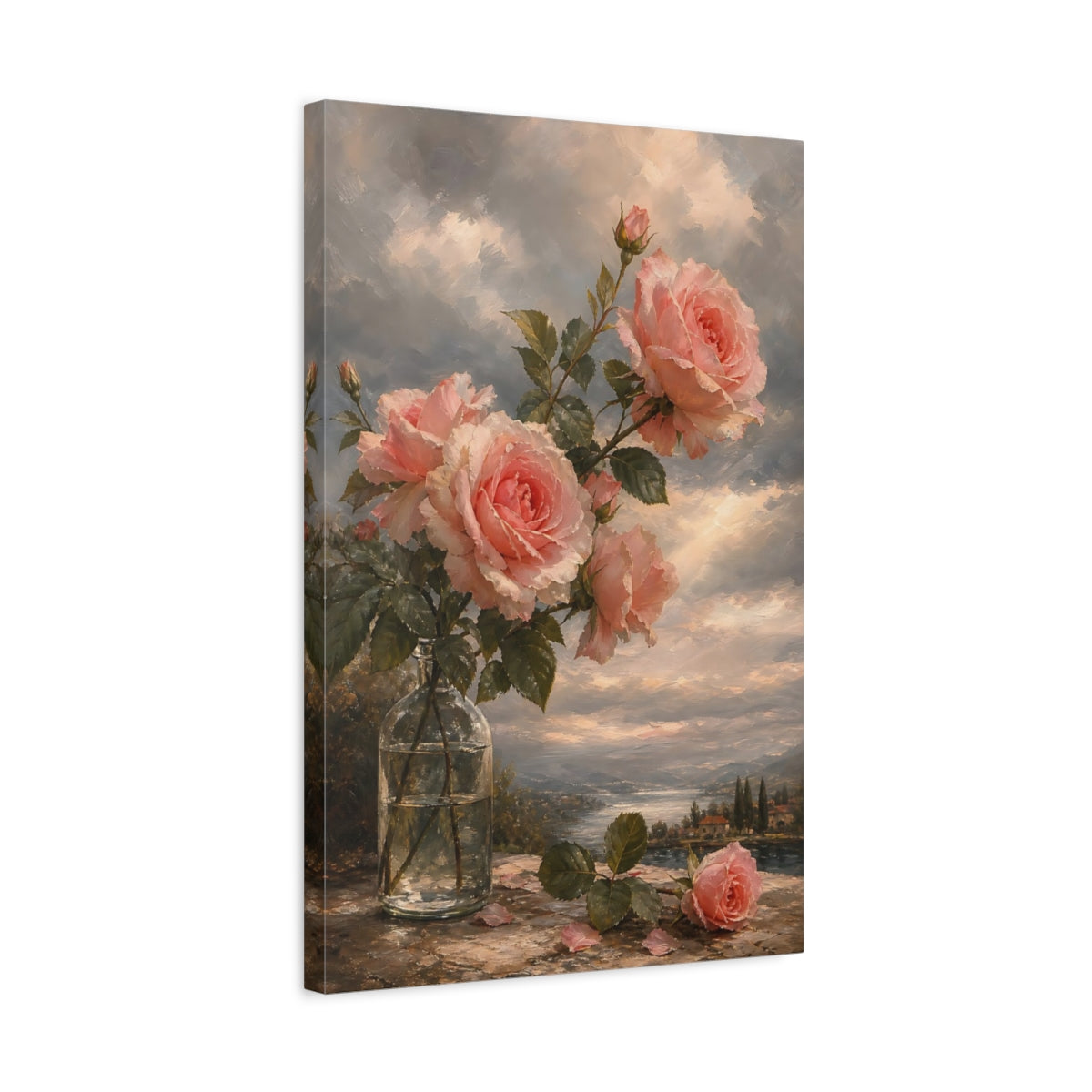Side Mockup 3. Floral Pink Roses Pink Roses Landscape shown as stretched canvas wall art