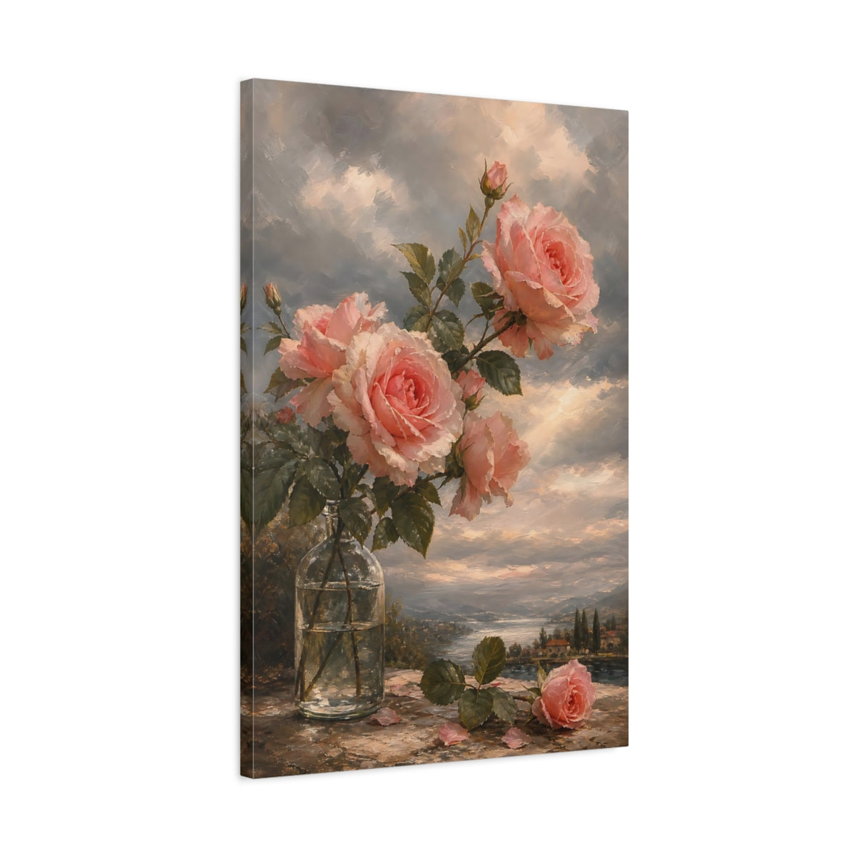 Side Mockup 2. Floral Pink Roses Pink Roses Landscape shown as stretched canvas wall art