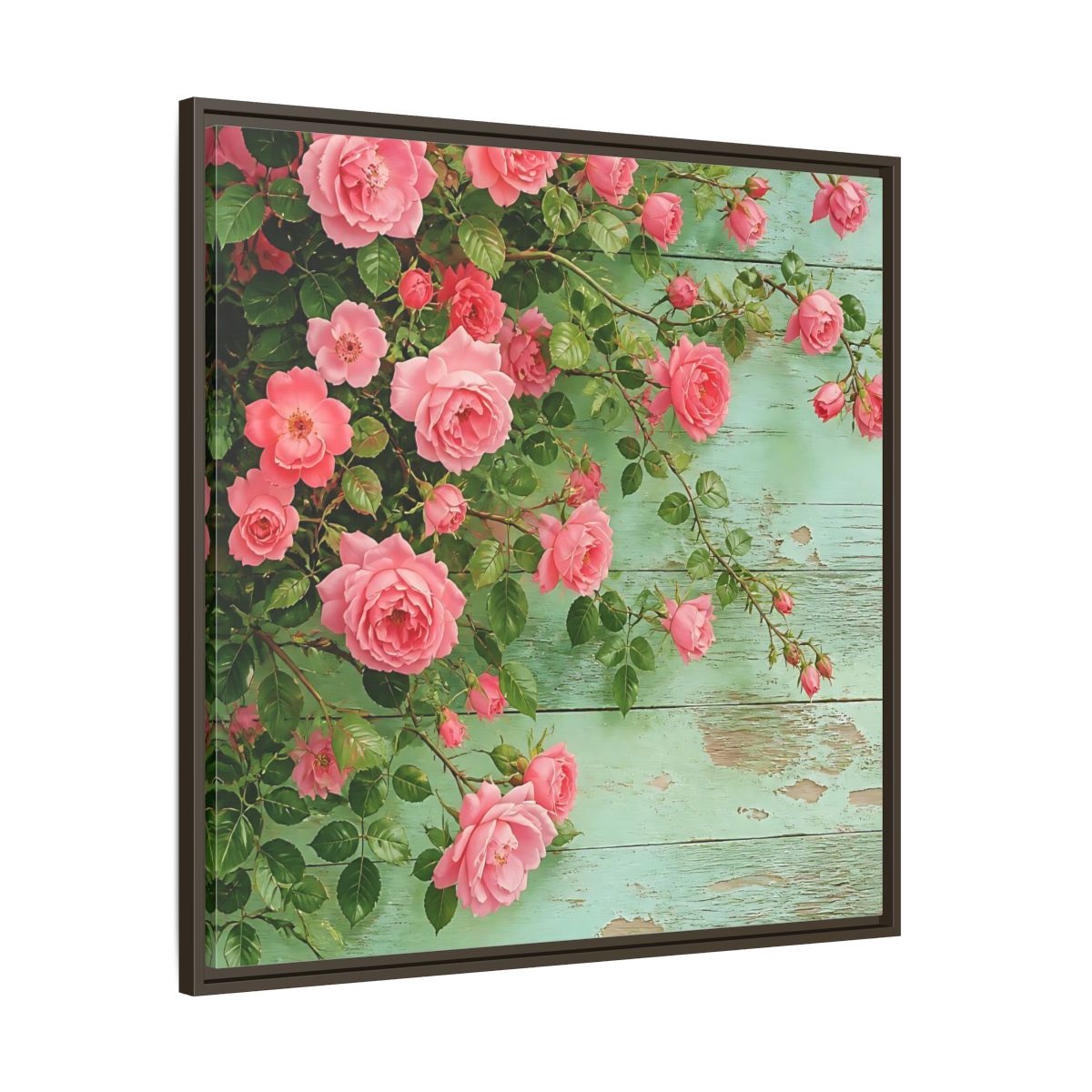 Main Mockup. Floral Pink Roses Pink And Green Roses shown as stretched canvas wall art