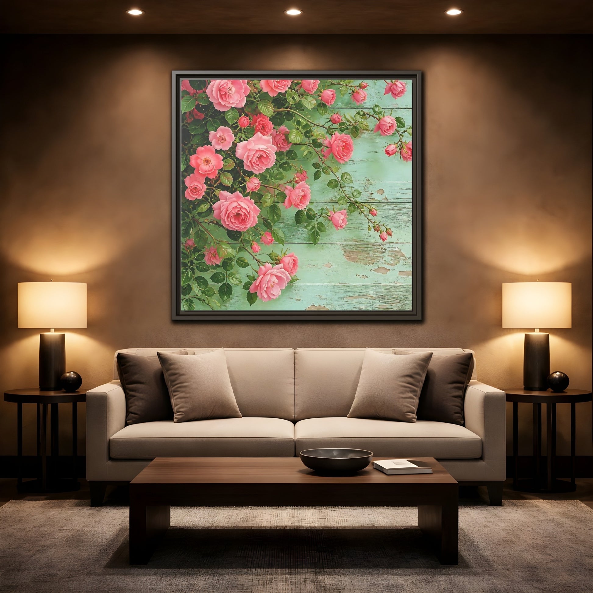 Mockup 2. Floral Pink Roses Pink And Green Roses shown as stretched canvas wall art