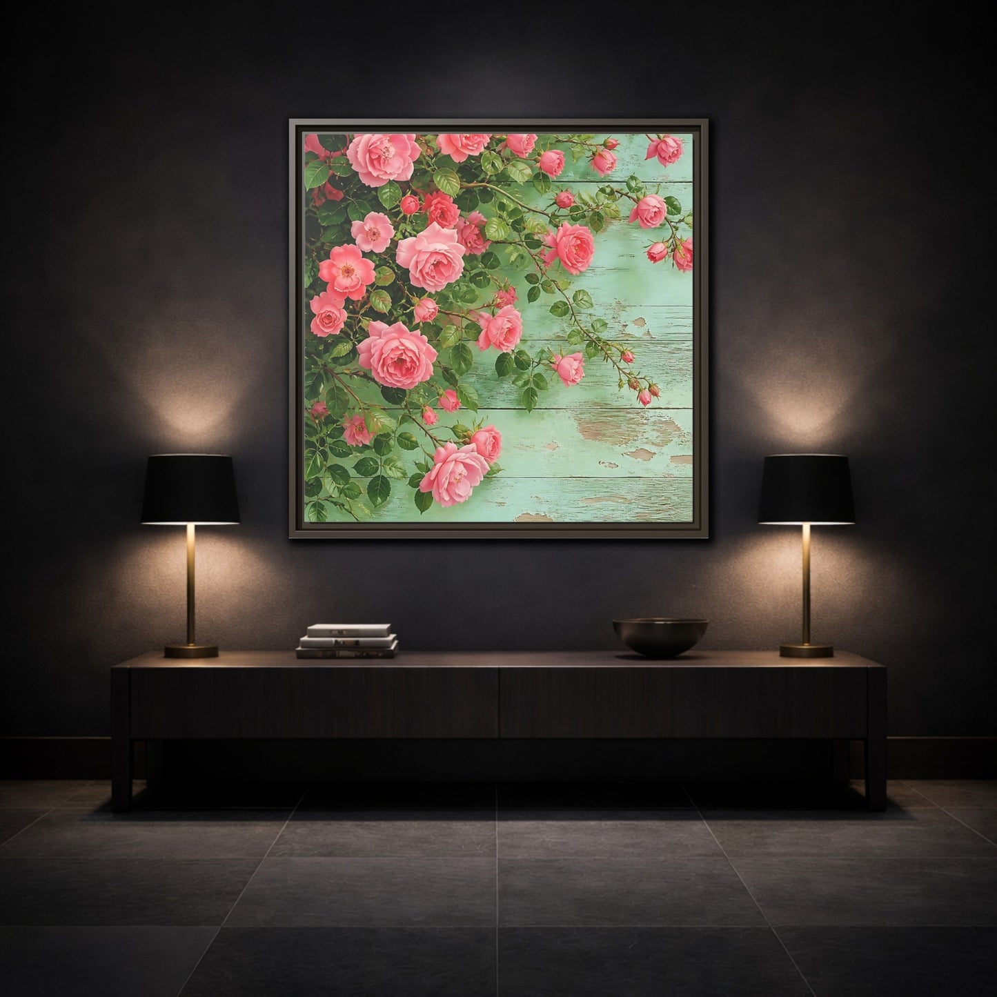 Mockup 3. Floral Pink Roses Pink And Green Roses shown as stretched canvas wall art