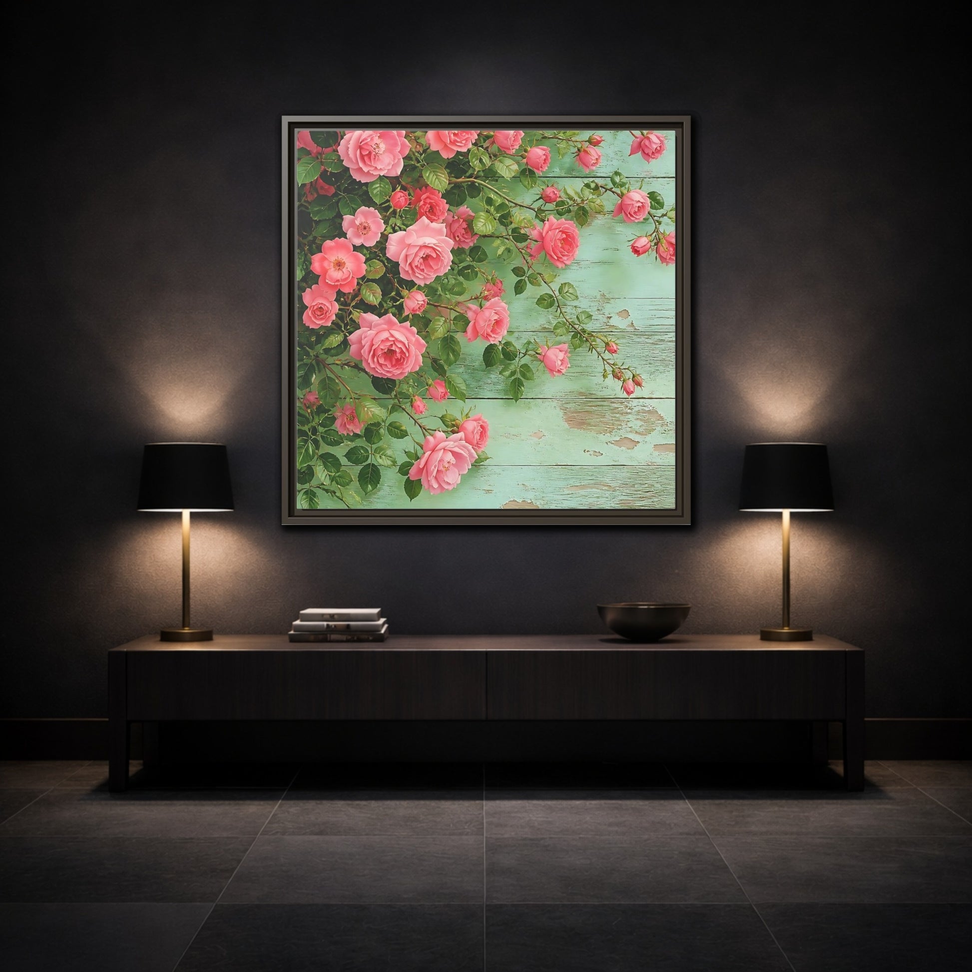 Mockup 3. Floral Pink Roses Pink And Green Roses shown as stretched canvas wall art