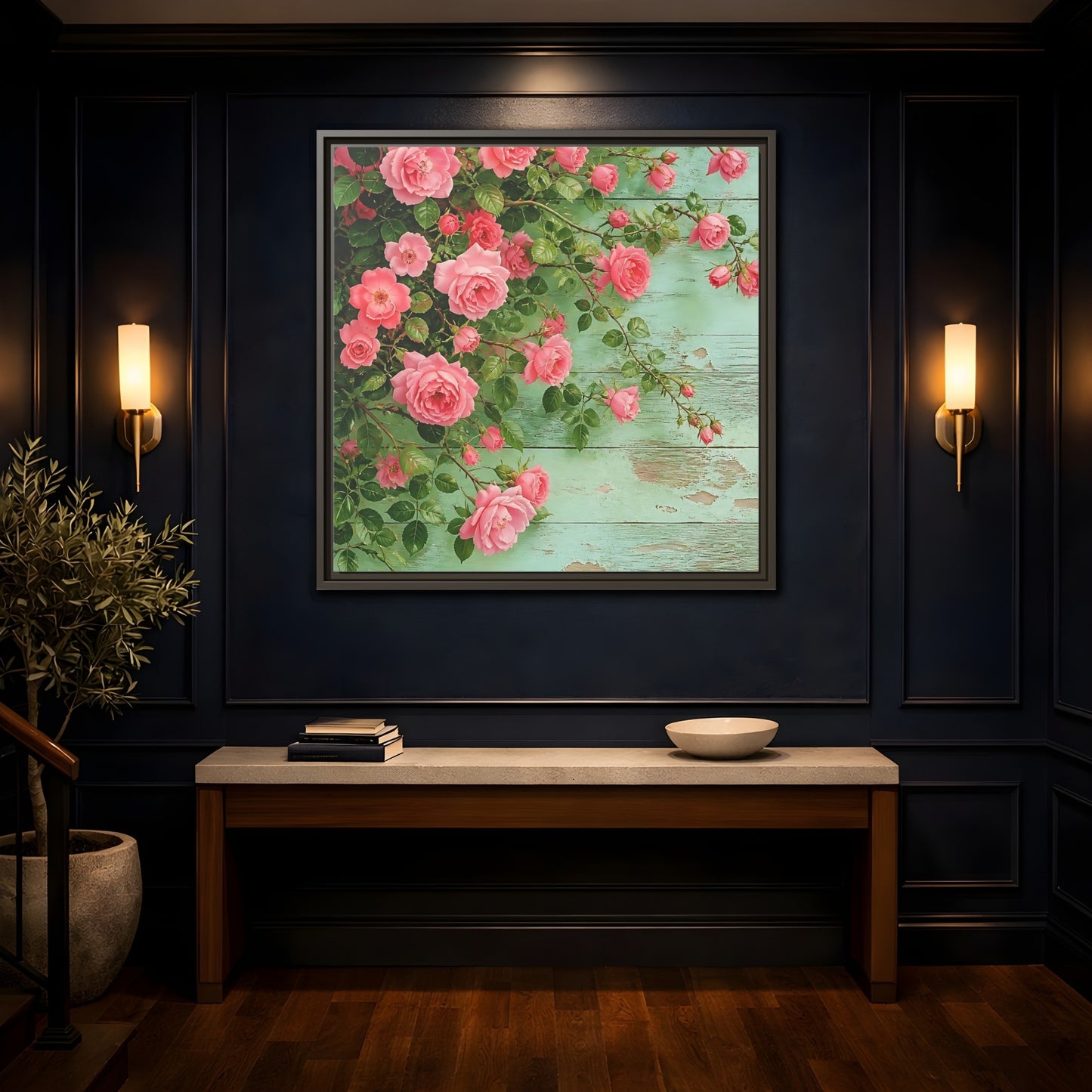 Mockup 4. Floral Pink Roses Pink And Green Roses shown as stretched canvas wall art