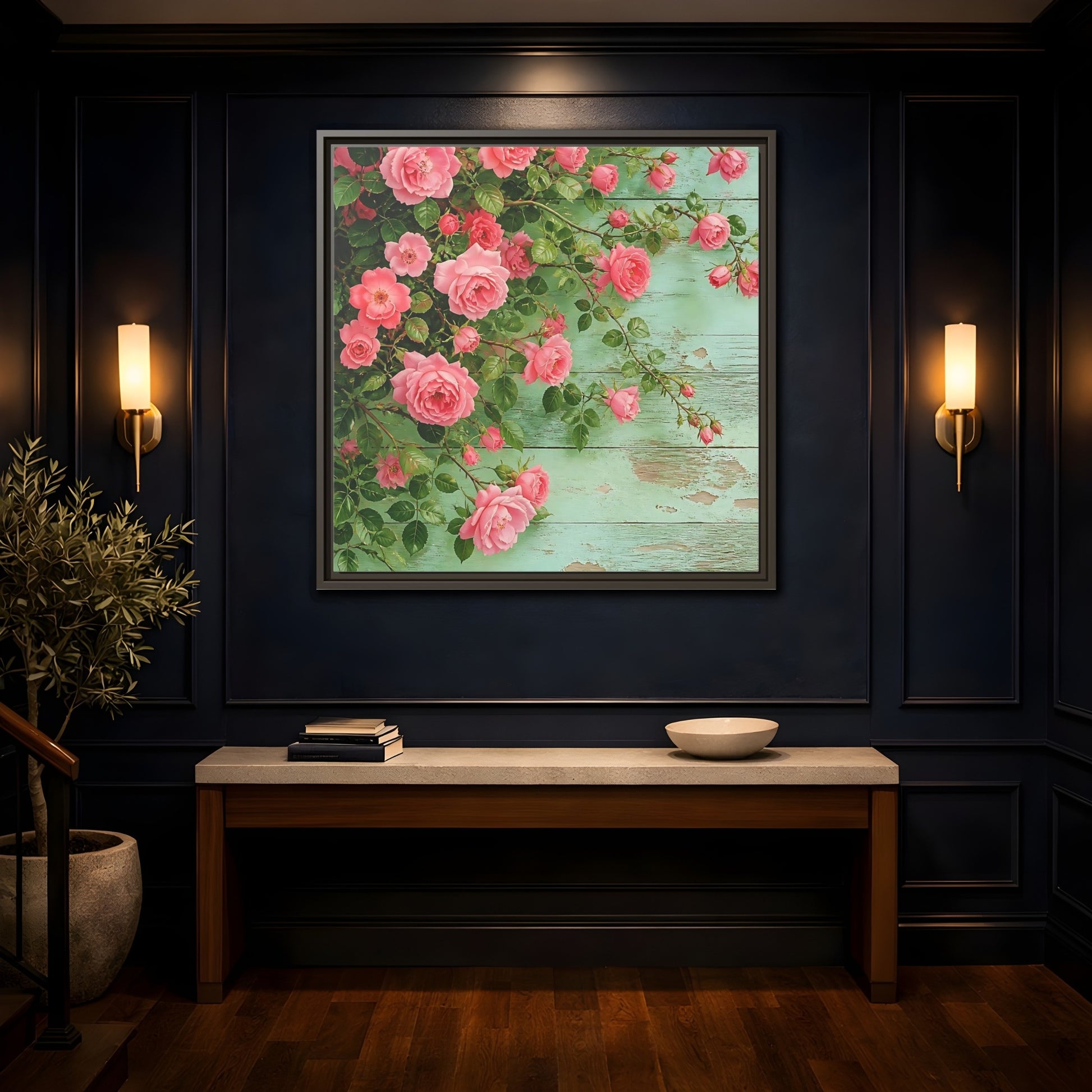 Mockup 4. Floral Pink Roses Pink And Green Roses shown as stretched canvas wall art