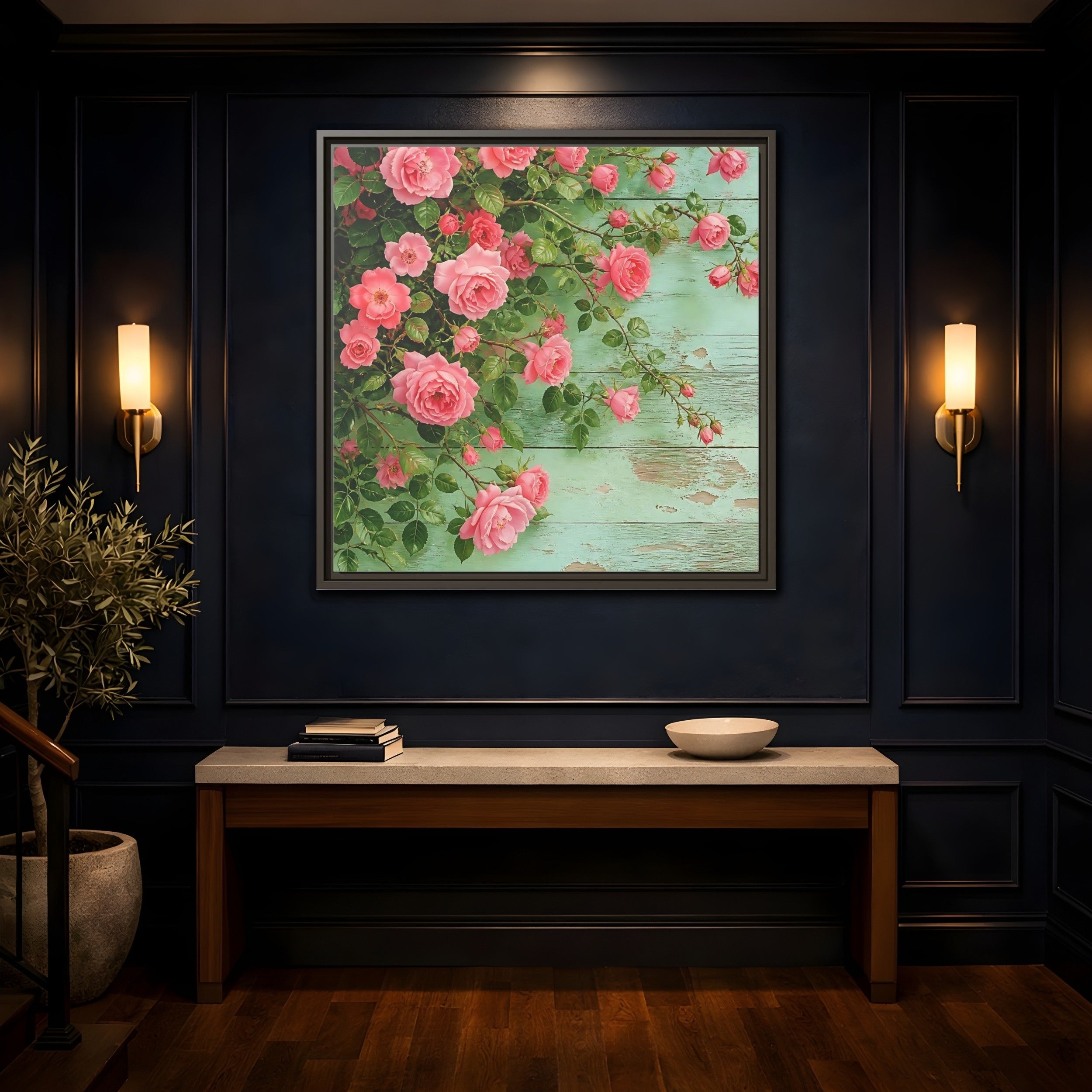 Mockup 4. Floral Pink Roses Pink And Green Roses shown as stretched canvas wall art