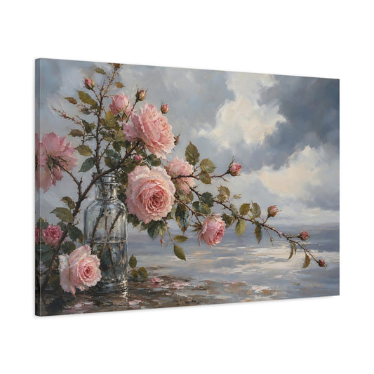 Main Mockup. Floral Pink Roses Pink Roses Blue shown as stretched canvas wall art