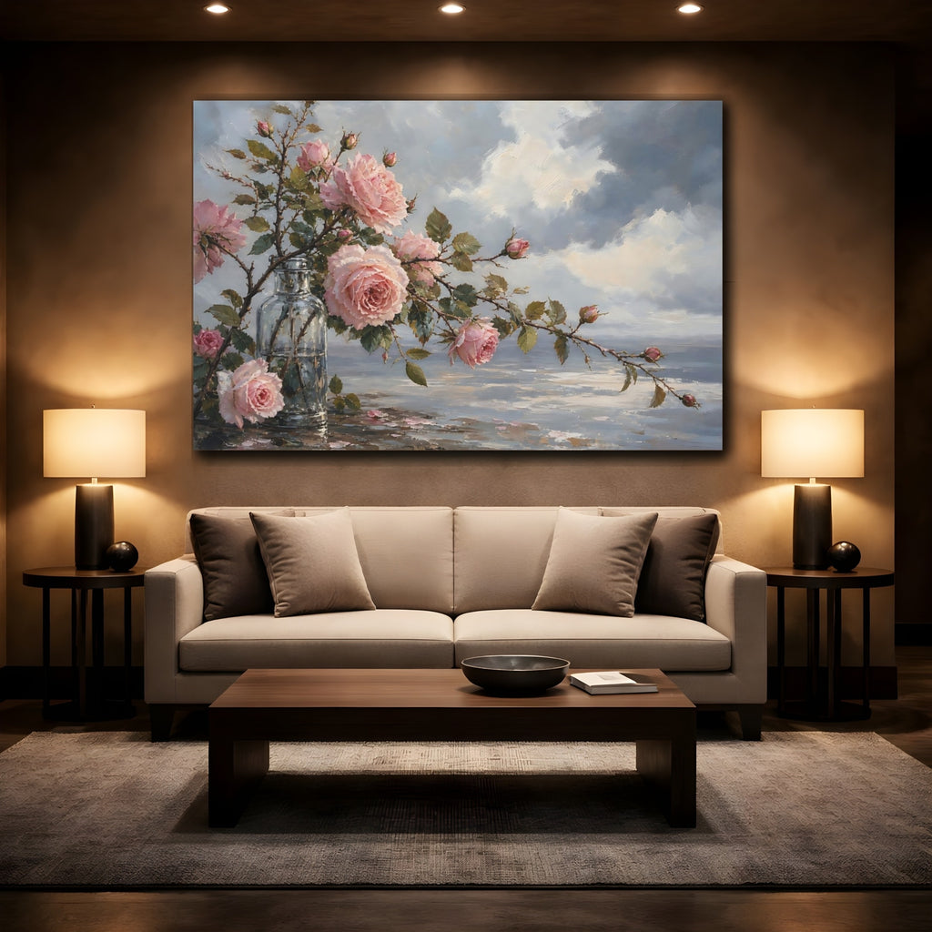 Mockup 2. Floral Pink Roses Pink Roses Blue shown as stretched canvas wall art