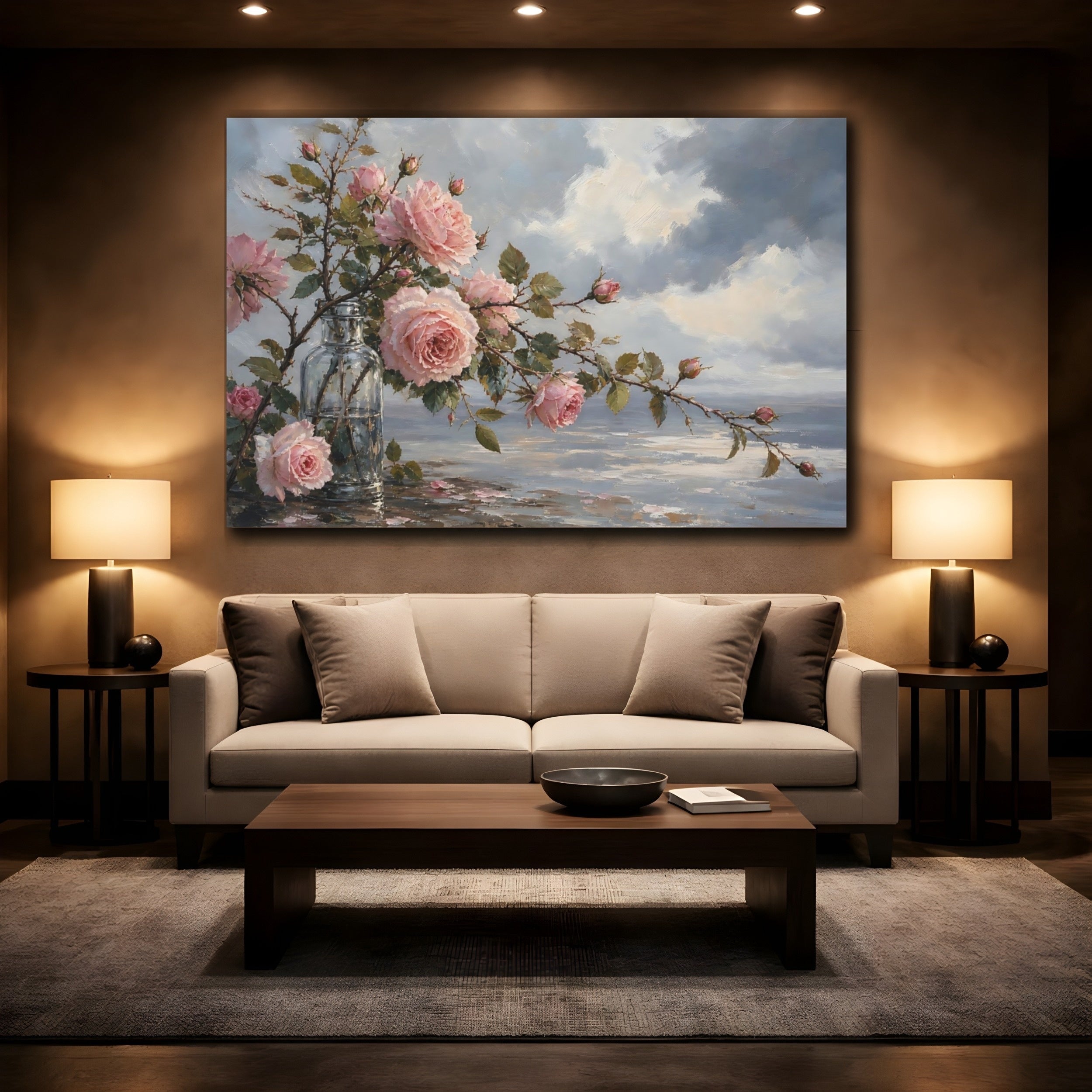 Mockup 2. Floral Pink Roses Pink Roses Blue shown as stretched canvas wall art