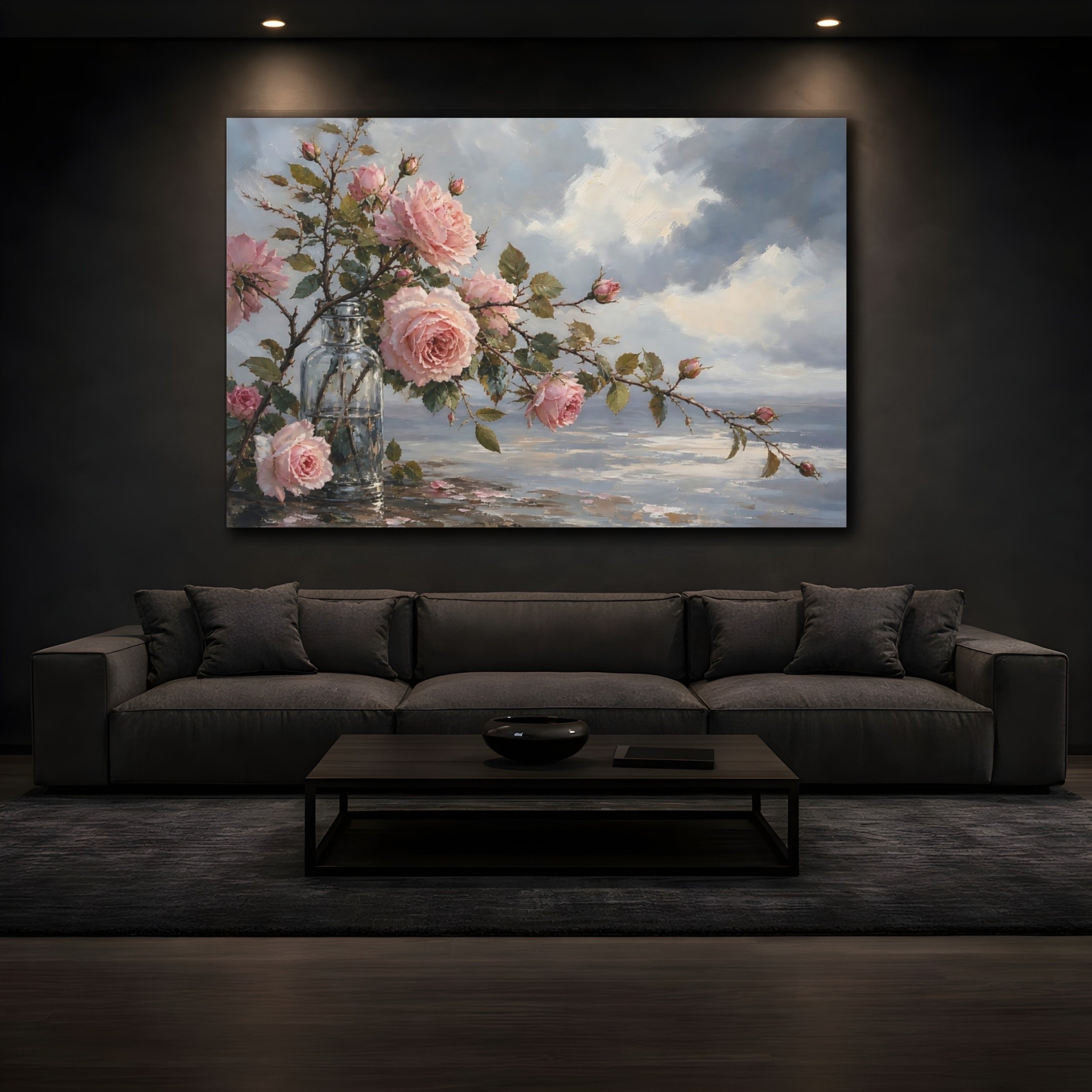 Mockup 3. Floral Pink Roses Pink Roses Blue shown as stretched canvas wall art