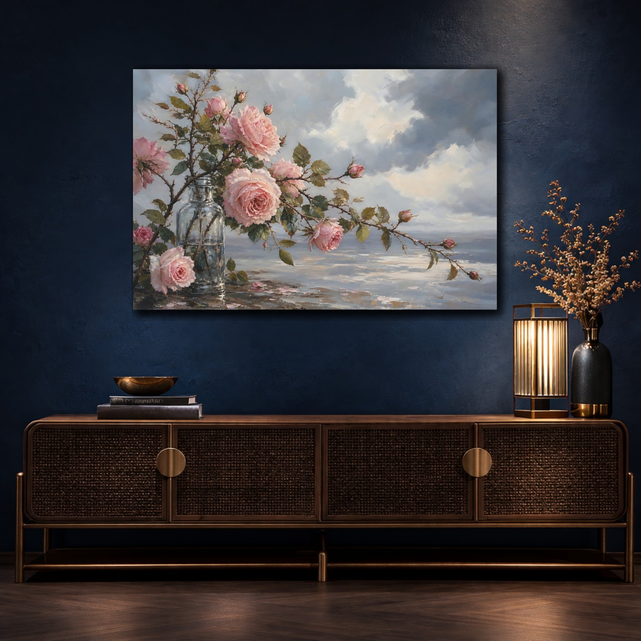 Mockup 4. Floral Pink Roses Pink Roses Blue shown as stretched canvas wall art