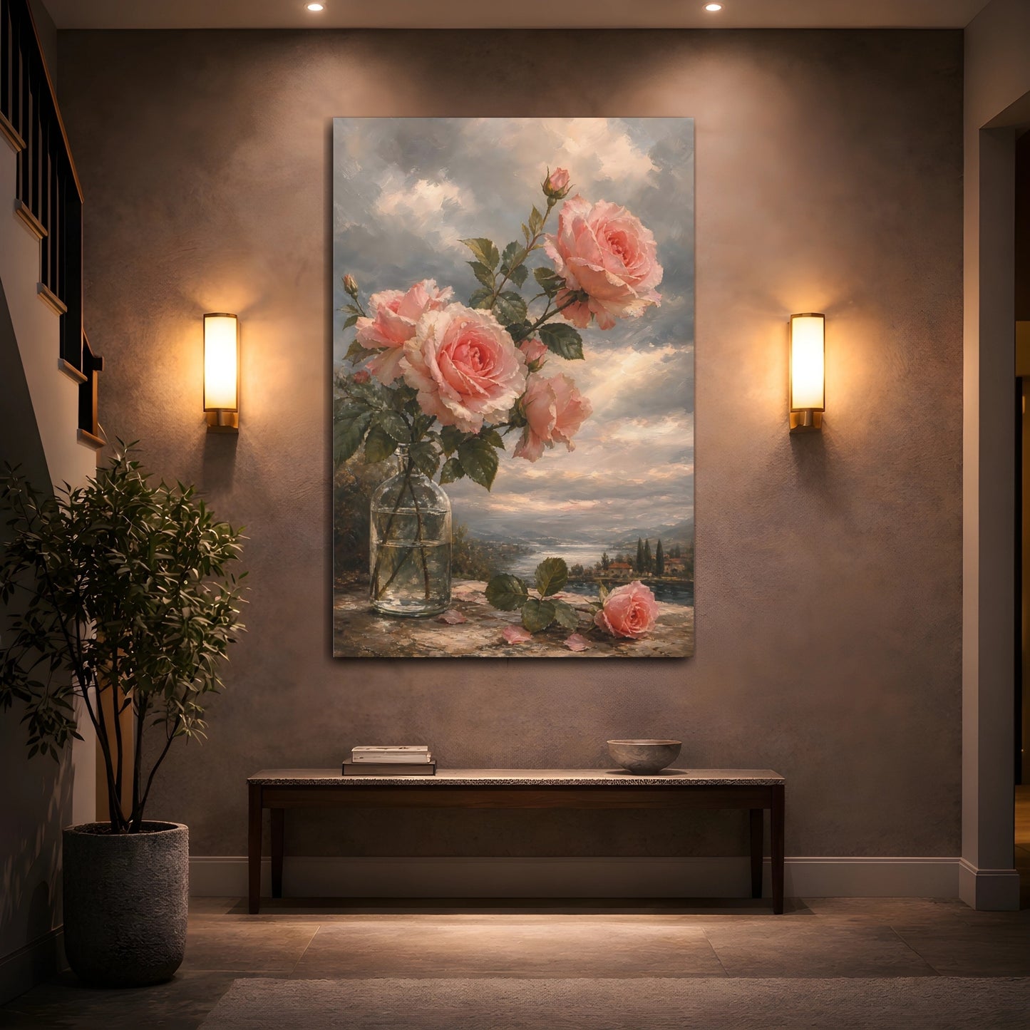 Mockup 2. Floral Pink Roses Pink Roses Landscape shown as stretched canvas wall art