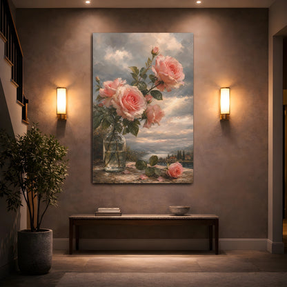 Mockup 2. Floral Pink Roses Pink Roses Landscape shown as stretched canvas wall art