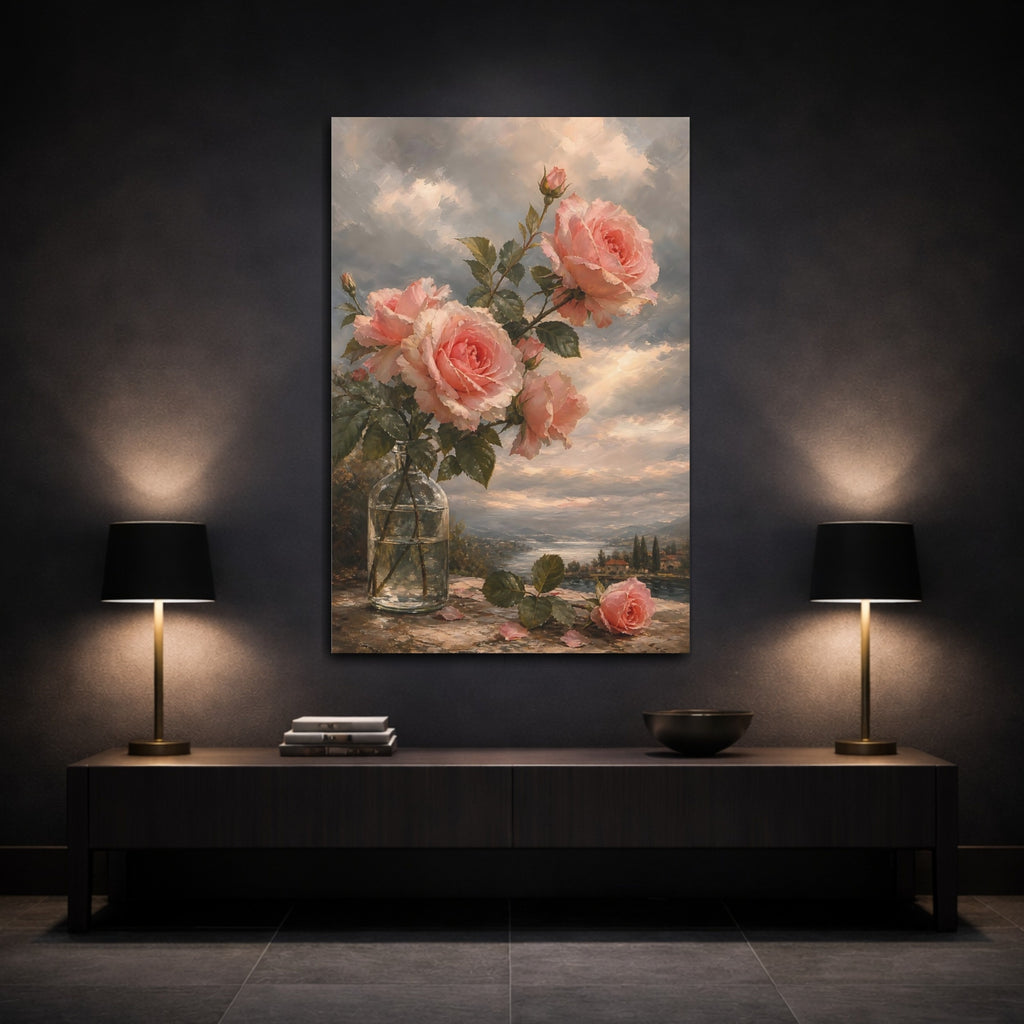 Mockup 3. Floral Pink Roses Pink Roses Landscape shown as stretched canvas wall art