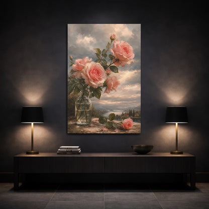 Mockup 3. Floral Pink Roses Pink Roses Landscape shown as stretched canvas wall art