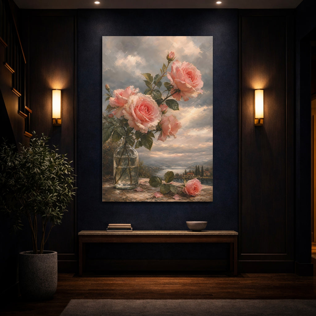 Mockup 4. Floral Pink Roses Pink Roses Landscape shown as stretched canvas wall art