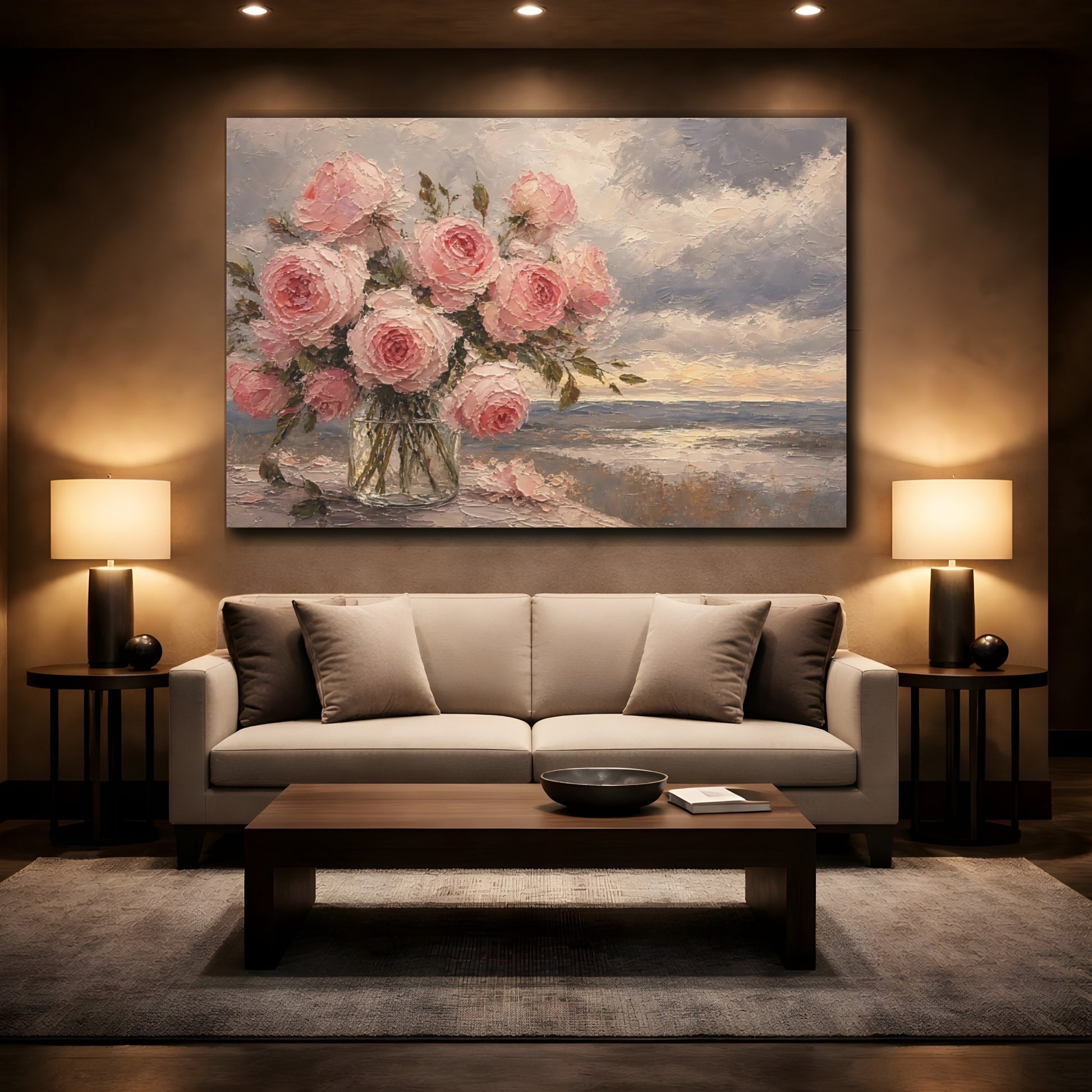 Mockup 2. Floral Pink Roses Pink Roses shown as stretched canvas wall art