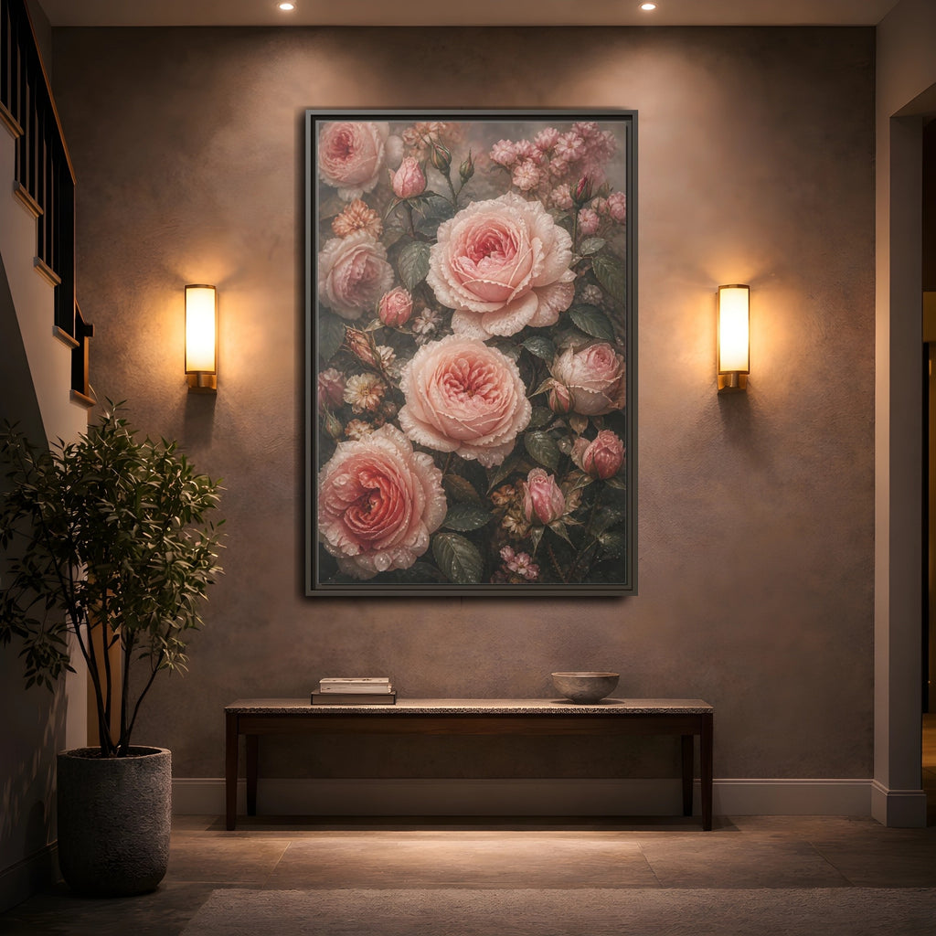 Mockup 2. Floral Pink Roses Pink Roses shown as stretched canvas wall art