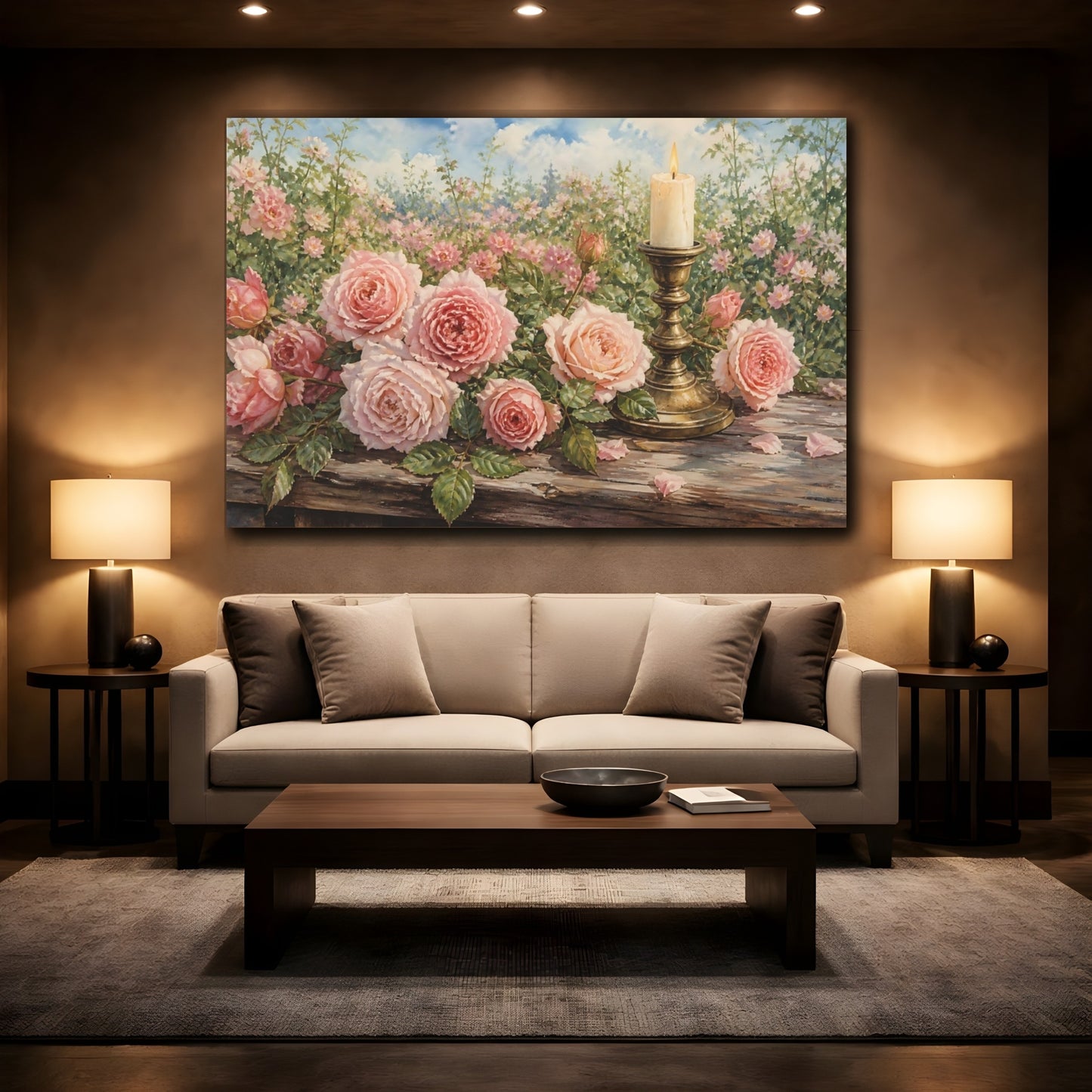 Mockup 2. Floral Pink Roses Pink Roses shown as stretched canvas wall art